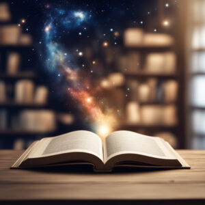 Open book with emerging galaxy. Background bookshelf. A sci-fi with a flair of old timey western, young adult novel rattles in my head.